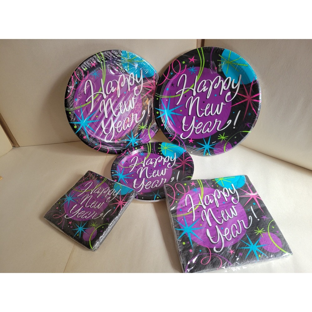 Unique Stellar New Years Party Supplies Plates Napkins Set Neon Starburst 5pc